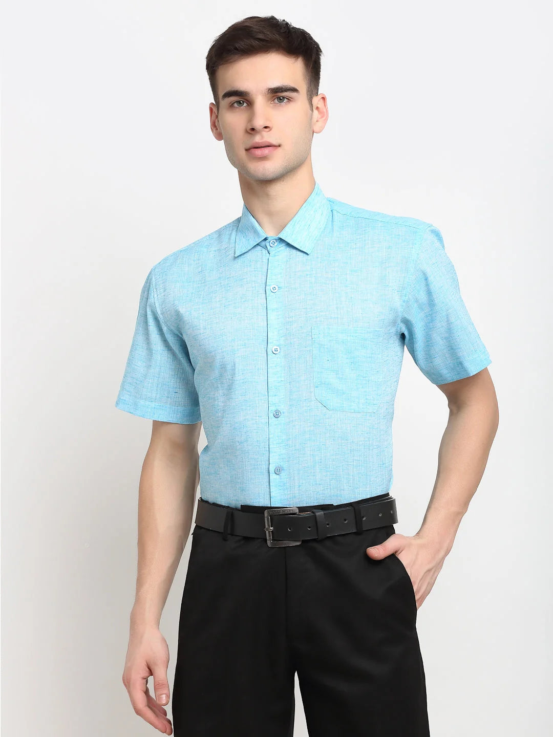 Indian Needle Blue Cotton Mens Shirt - Half Sleeve Formal Shirt