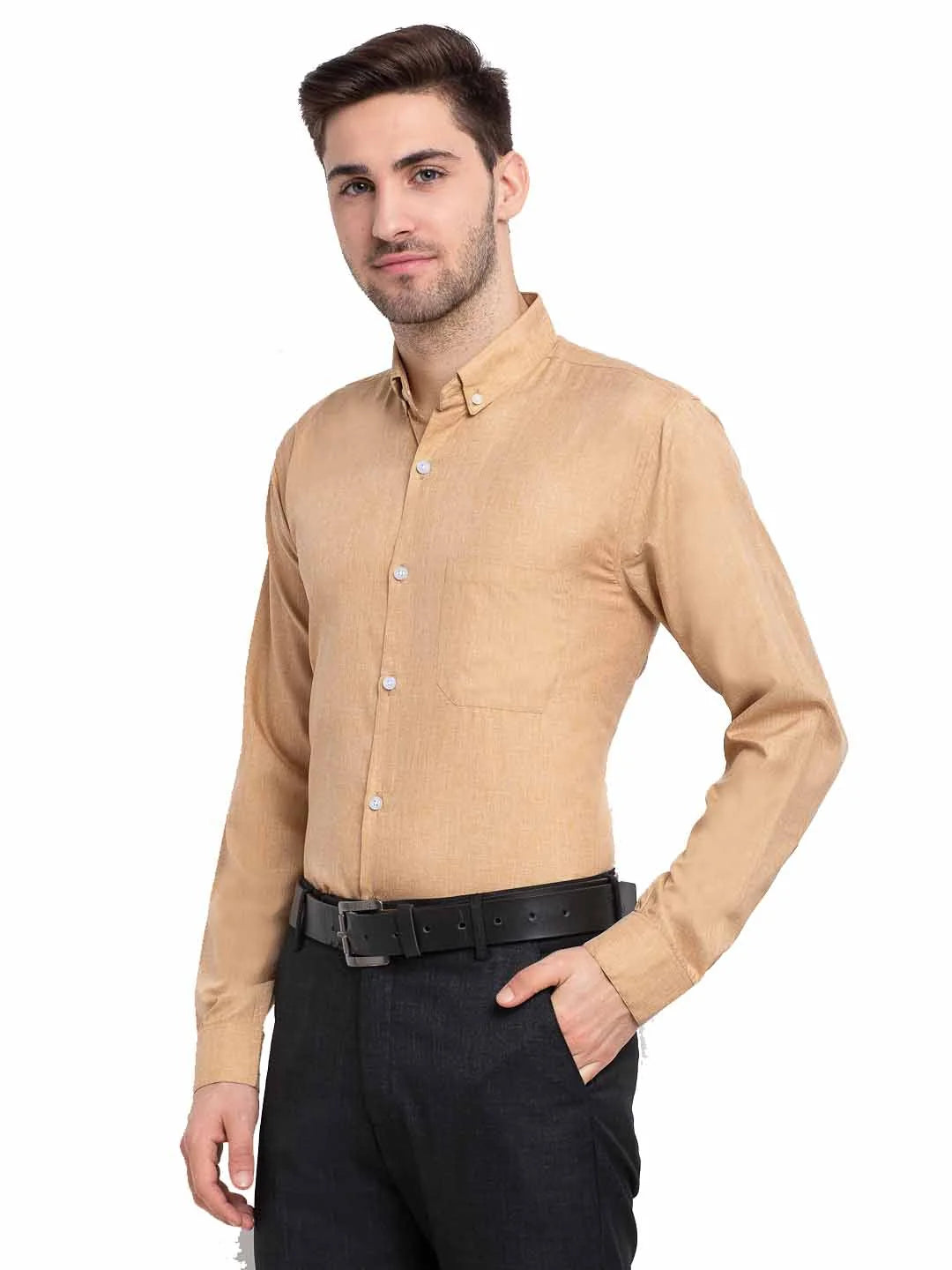 Beige Cotton Formal Shirt - Button Down Collar Mens Shirt