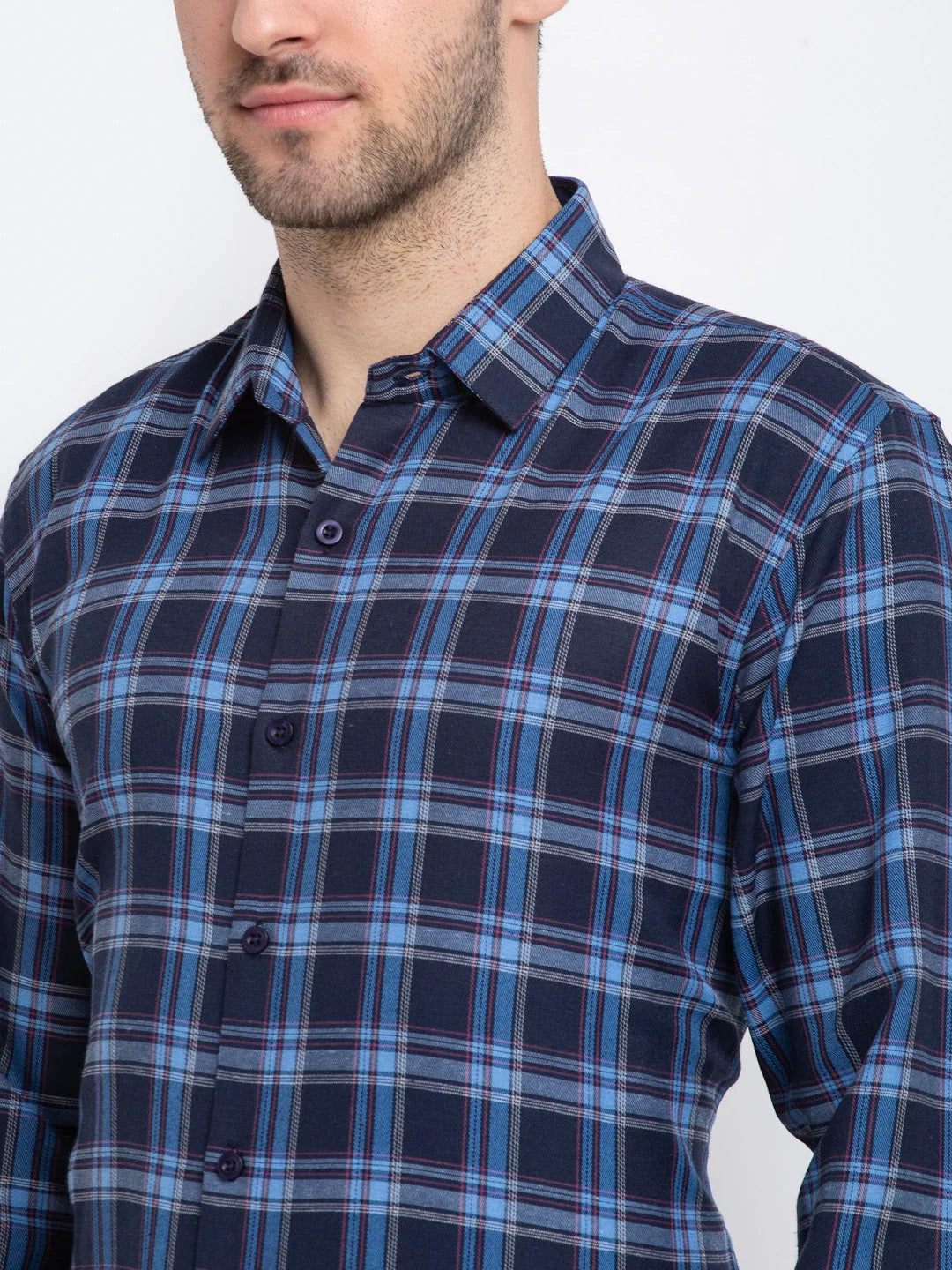 Blue Checked Cotton Mens Shirt - Indian Needle Formal Shirts