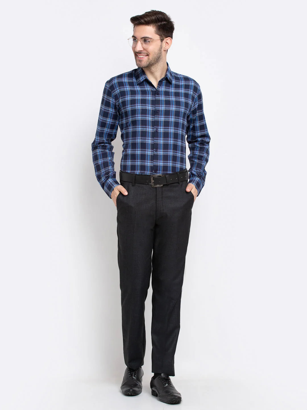 Blue Checked Cotton Mens Shirt - Indian Needle Formal Shirts