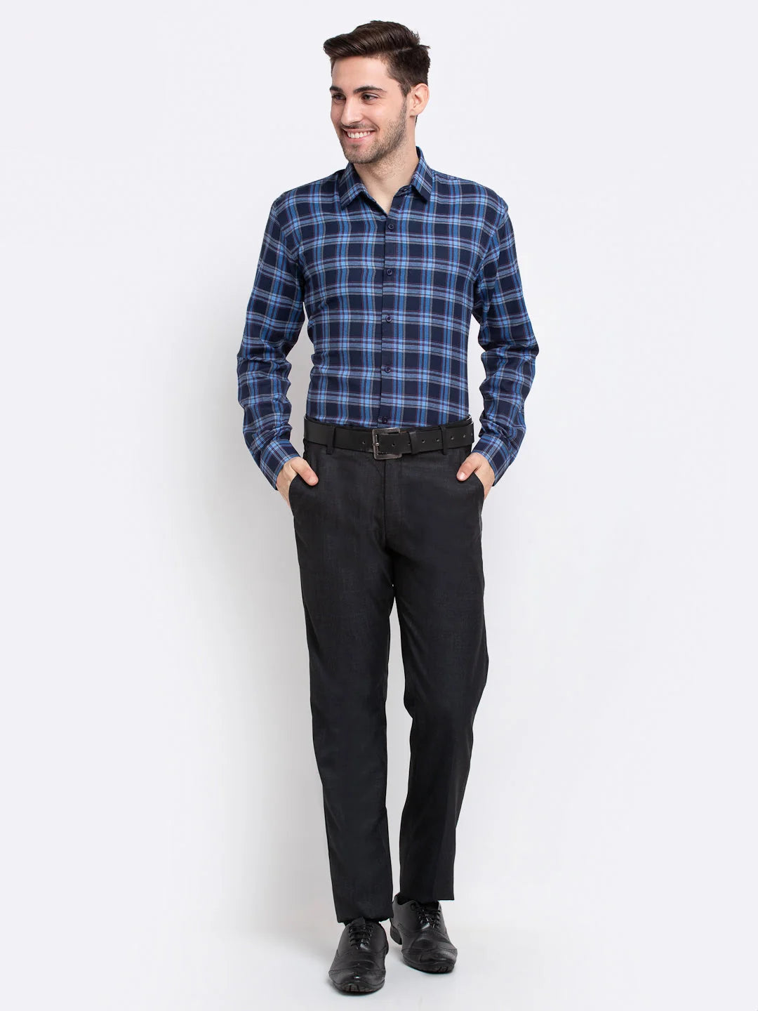 Blue Checked Cotton Mens Shirt - Indian Needle Formal Shirts