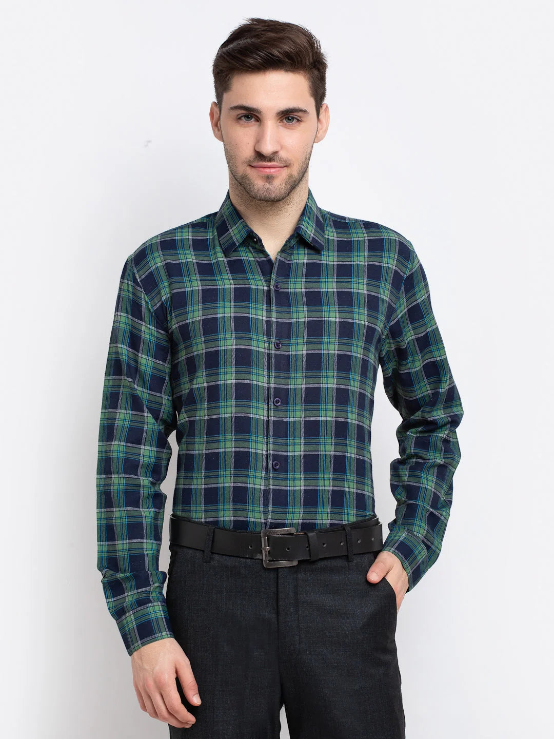 Green Checked Cotton Formal Mens Shirt | Indian Needle