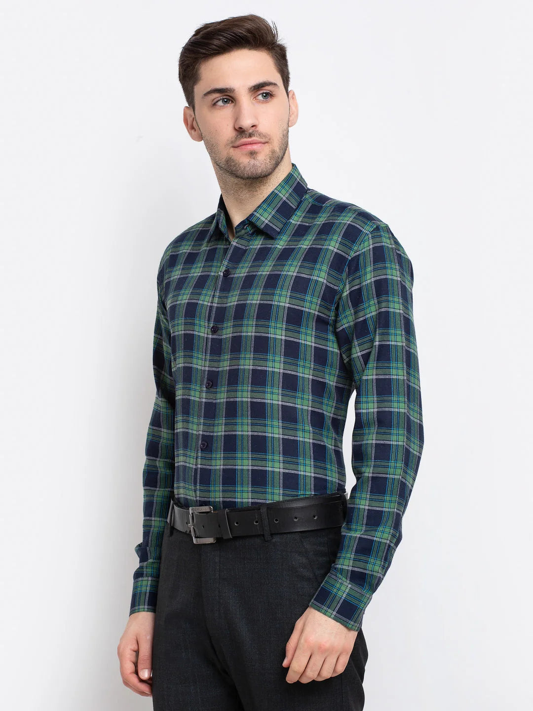 Green Checked Cotton Formal Mens Shirt | Indian Needle