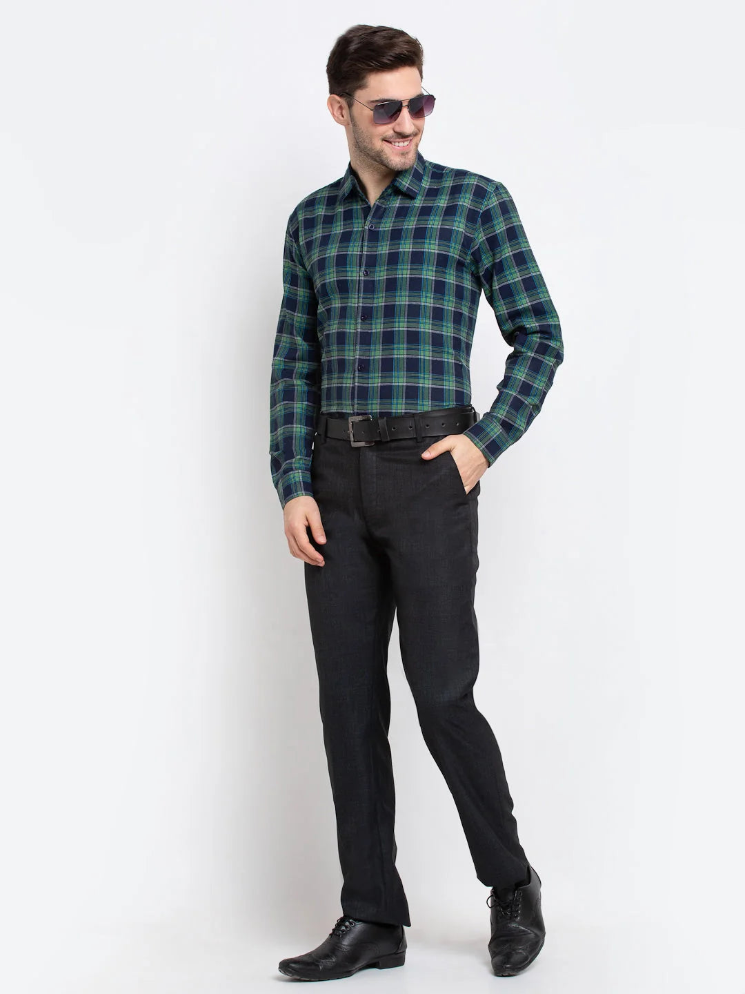 Green Checked Cotton Formal Mens Shirt | Indian Needle