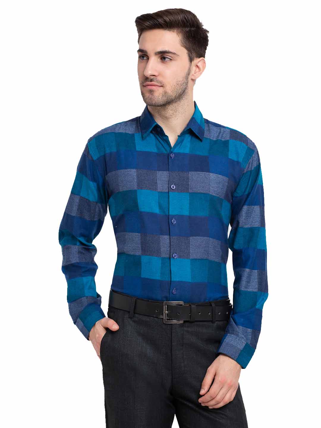 Blue Checked Cotton Formal Mens Shirt | Indian Needle