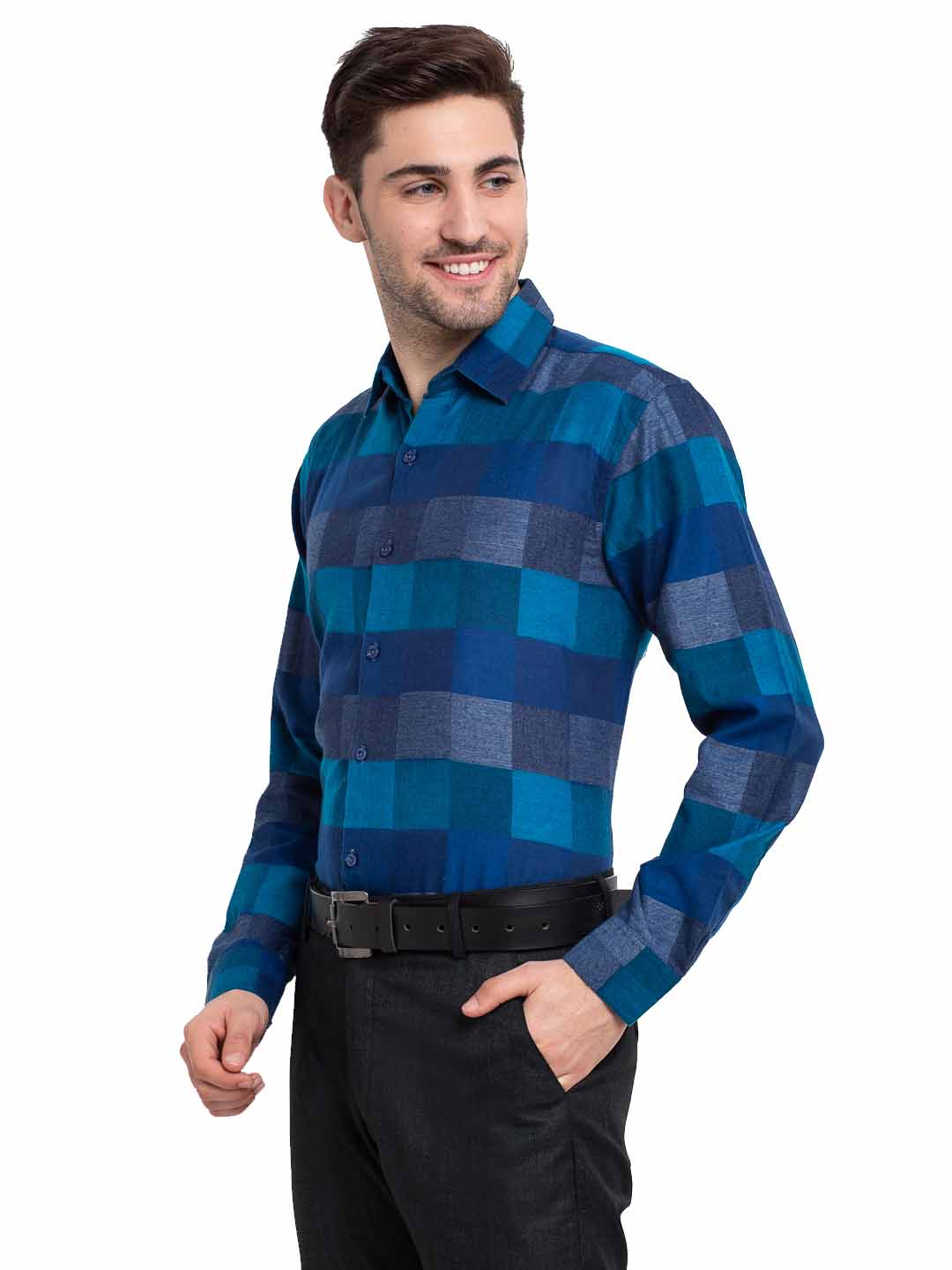Blue Checked Cotton Formal Mens Shirt | Indian Needle
