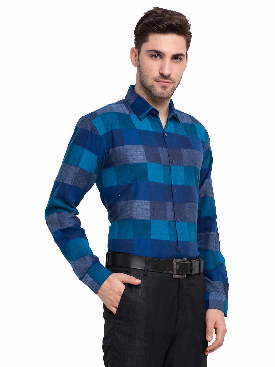 Blue Checked Cotton Formal Mens Shirt | Indian Needle