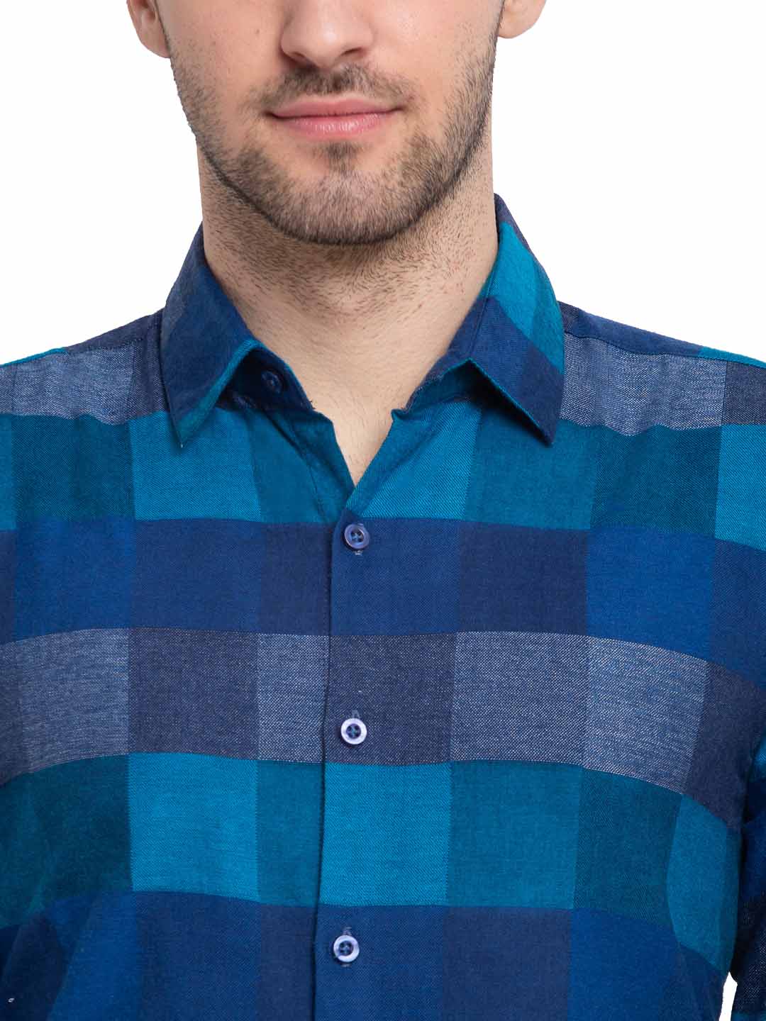 Blue Checked Cotton Formal Mens Shirt | Indian Needle