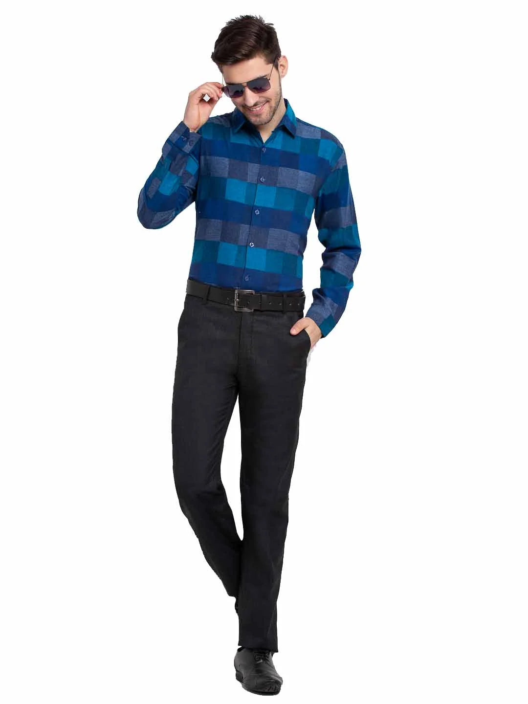 Blue Checked Cotton Formal Mens Shirt | Indian Needle