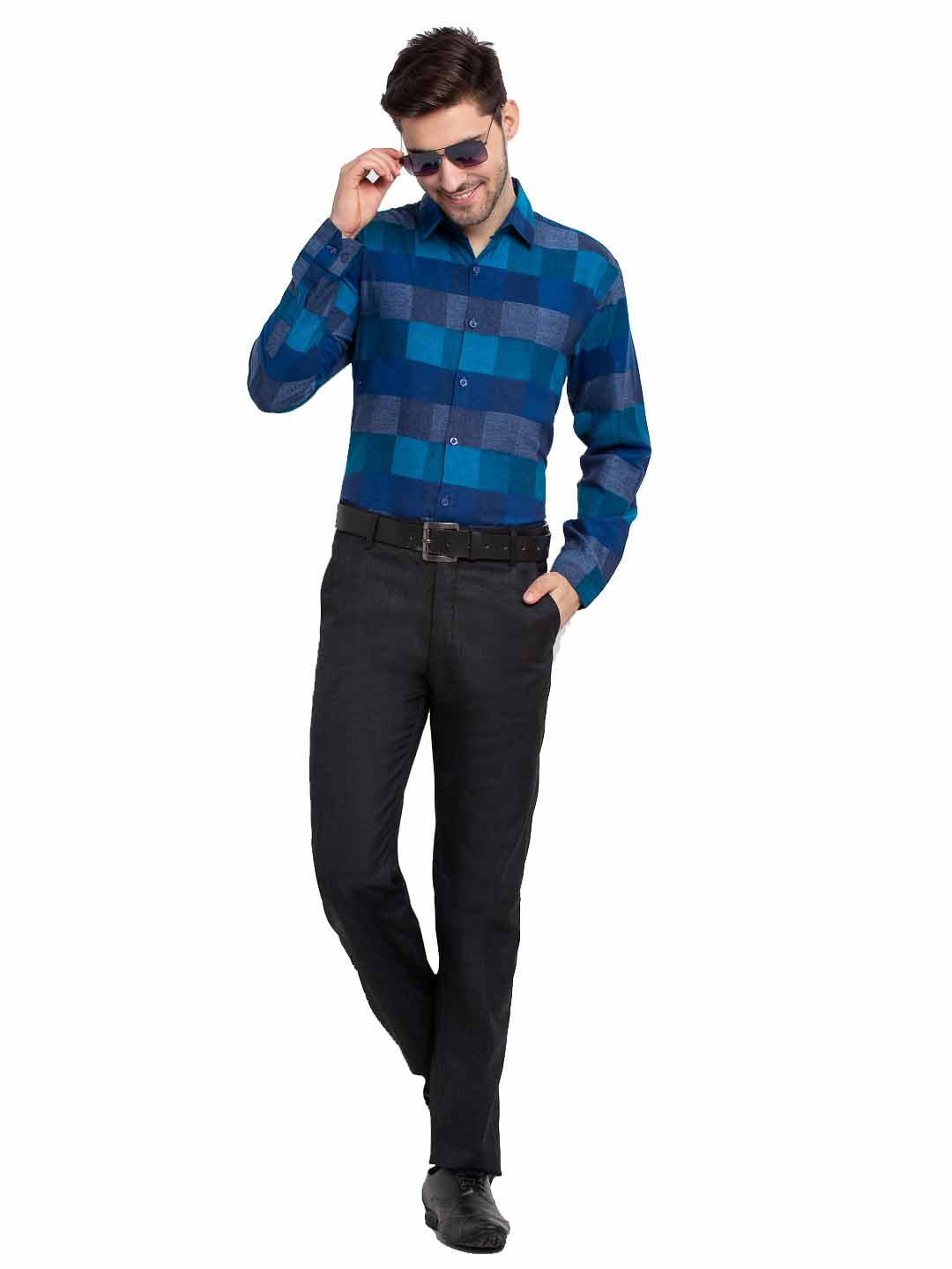 Blue Checked Cotton Formal Mens Shirt | Indian Needle