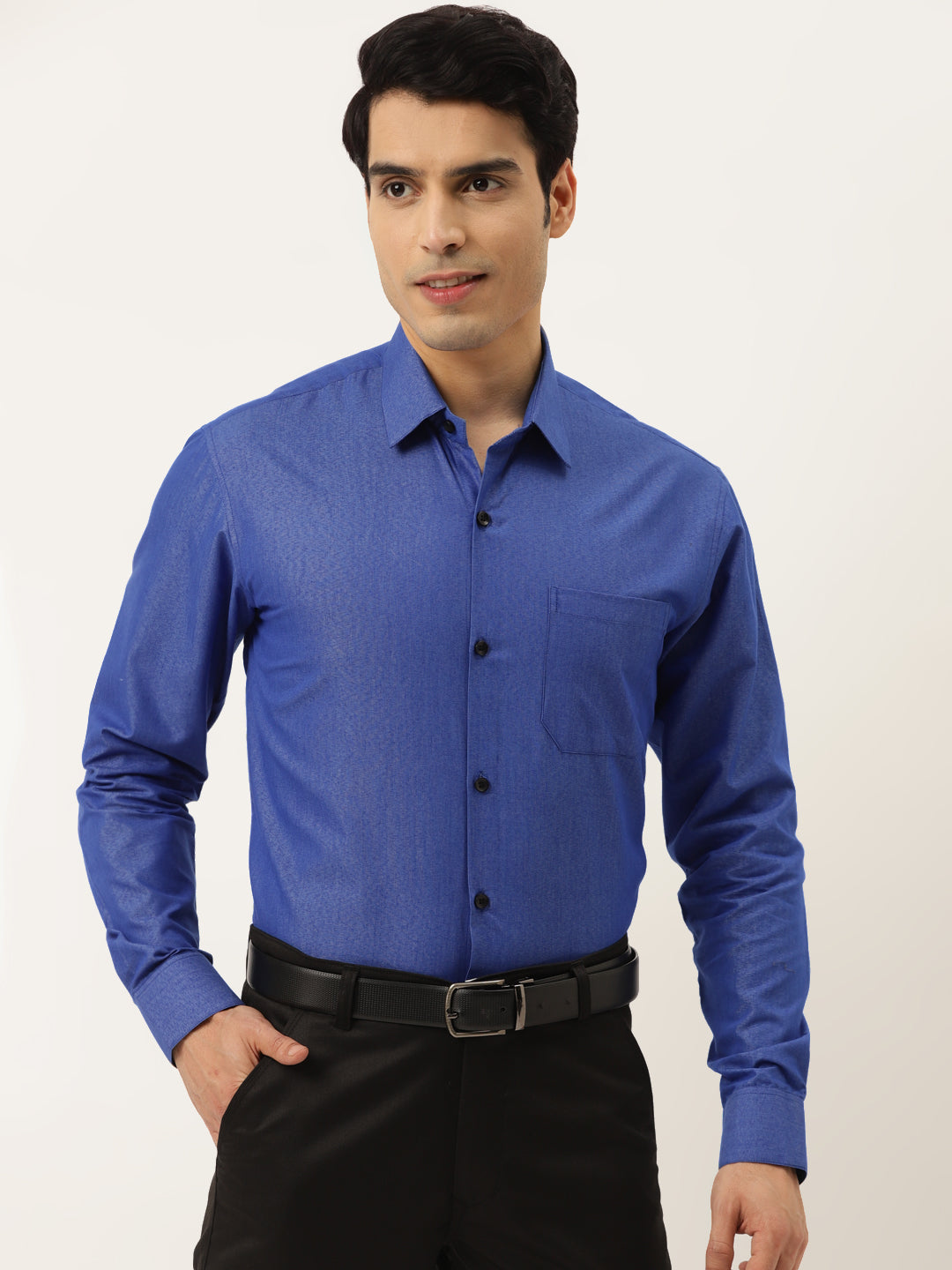 Men's Blue Solid Formal Cotton Shirt | Indian Needle