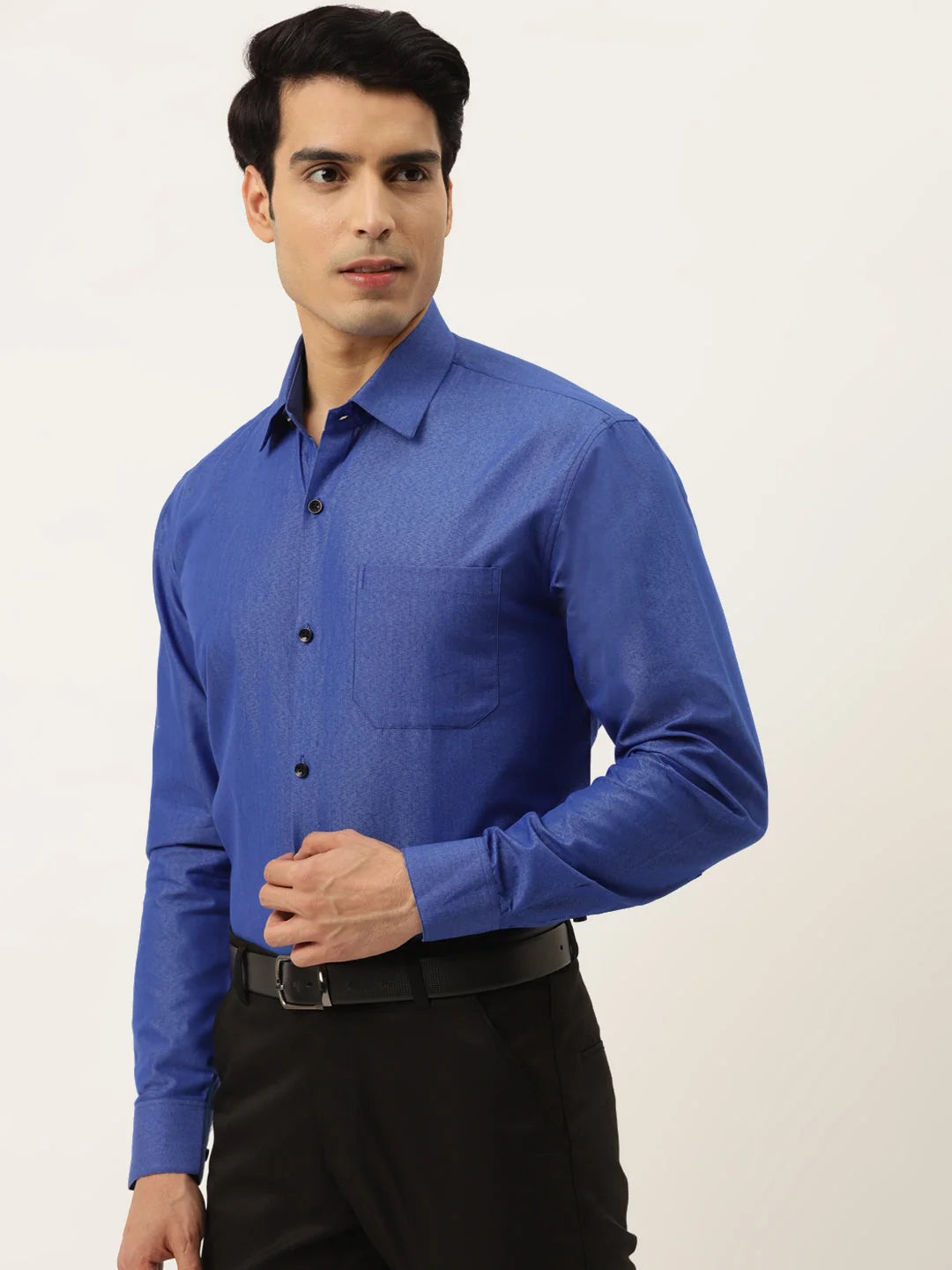 Men's Blue Solid Formal Cotton Shirt | Indian Needle