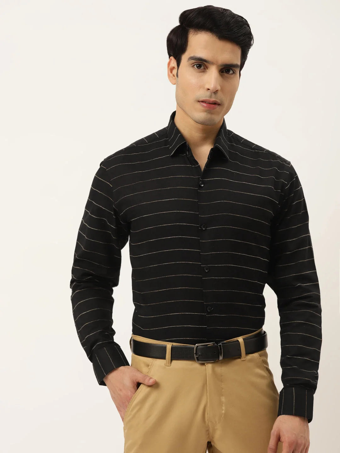 Black Cotton Formal Shirt - Horizontal Striped Mens Shirt