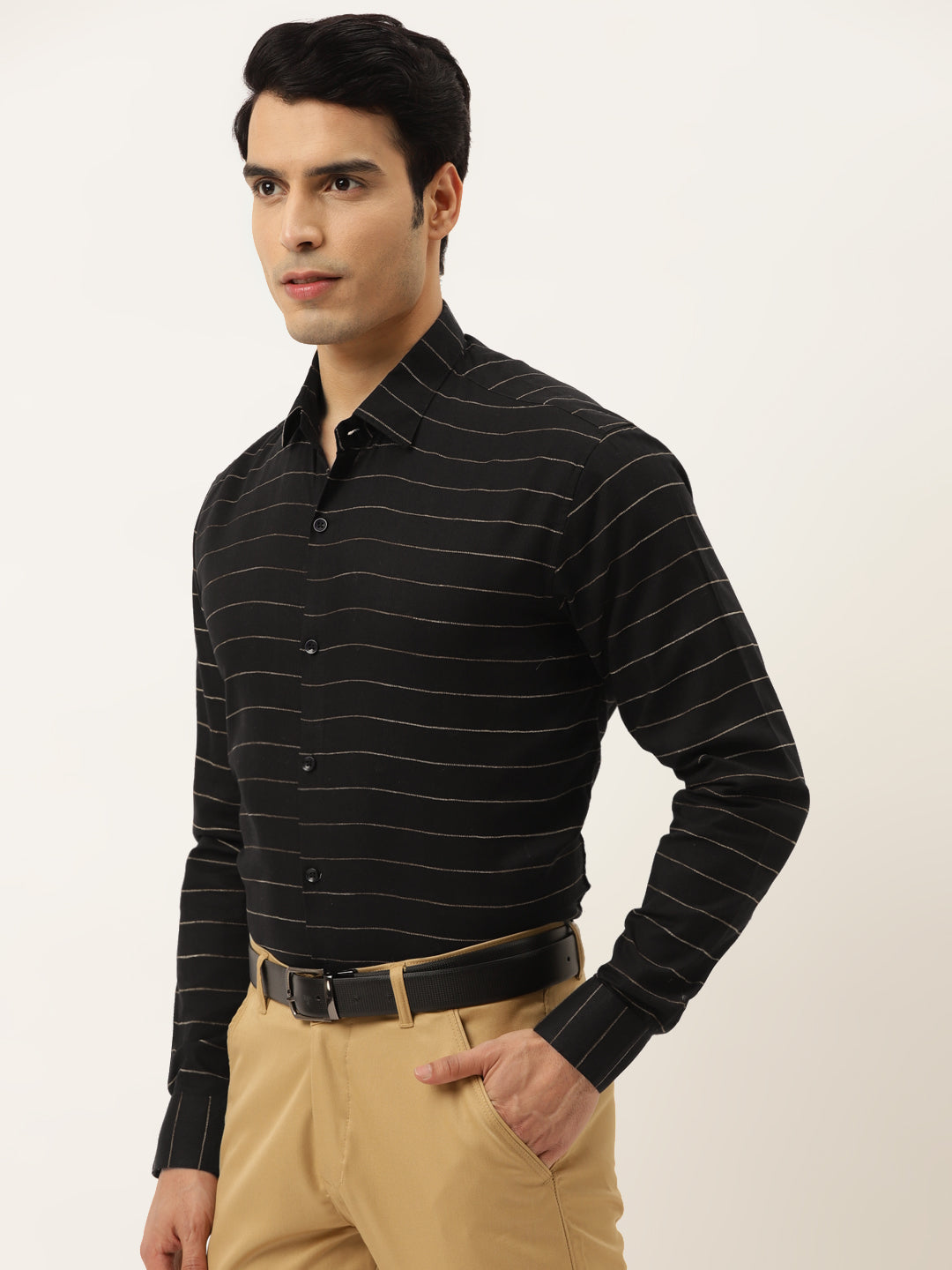 Black Cotton Formal Shirt - Horizontal Striped Mens Shirt