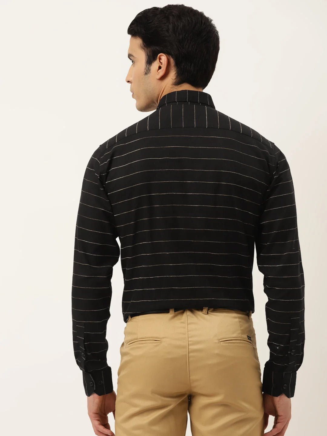 Black Cotton Formal Shirt - Horizontal Striped Mens Shirt