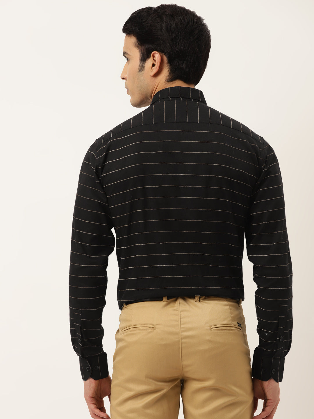 Black Cotton Formal Shirt - Horizontal Striped Mens Shirt