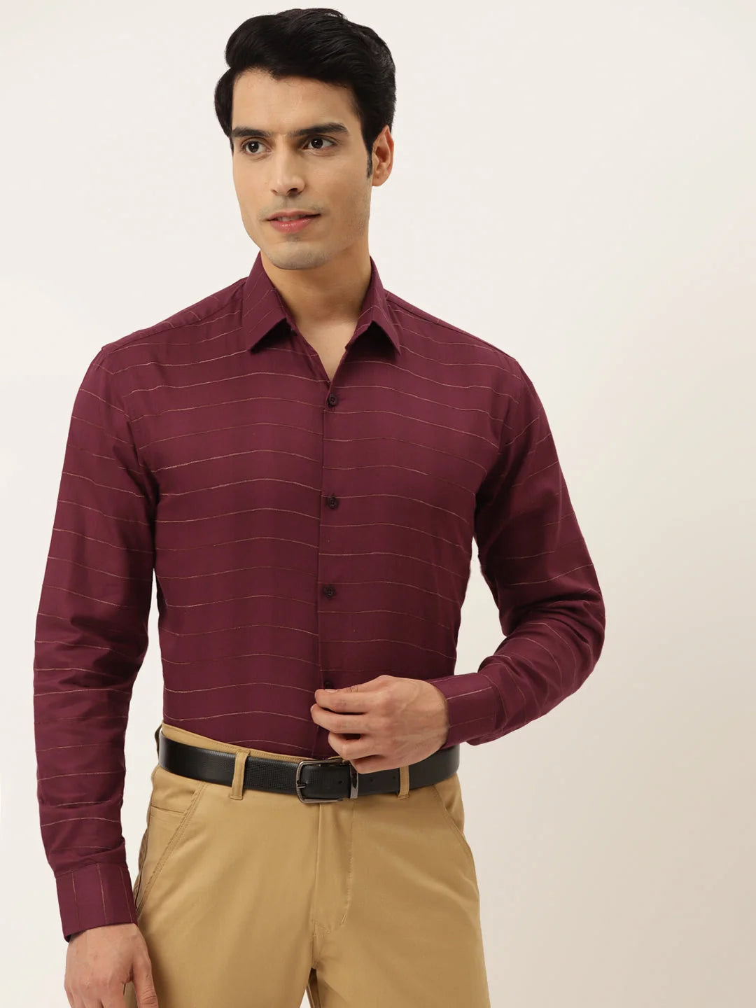 Maroon Cotton Formal Shirt - Horizontal Striped Mens Shirt