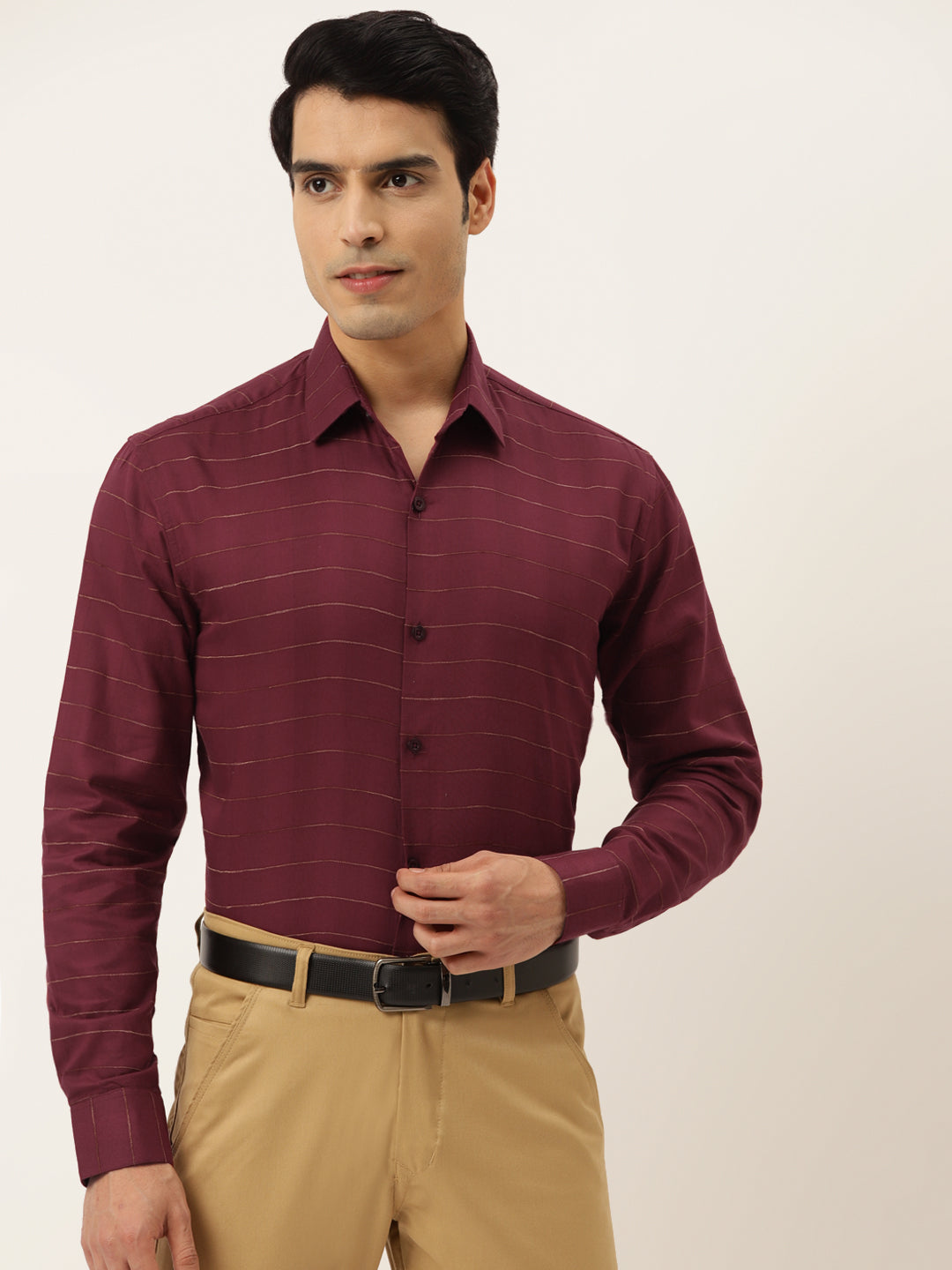 Maroon Cotton Formal Shirt - Horizontal Striped Mens Shirt