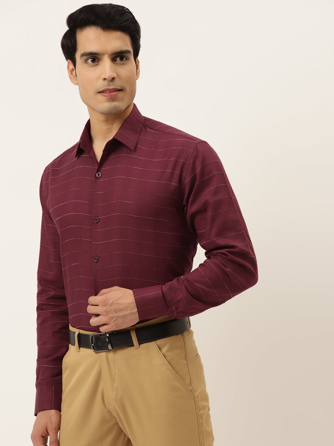 Maroon Cotton Formal Shirt - Horizontal Striped Mens Shirt