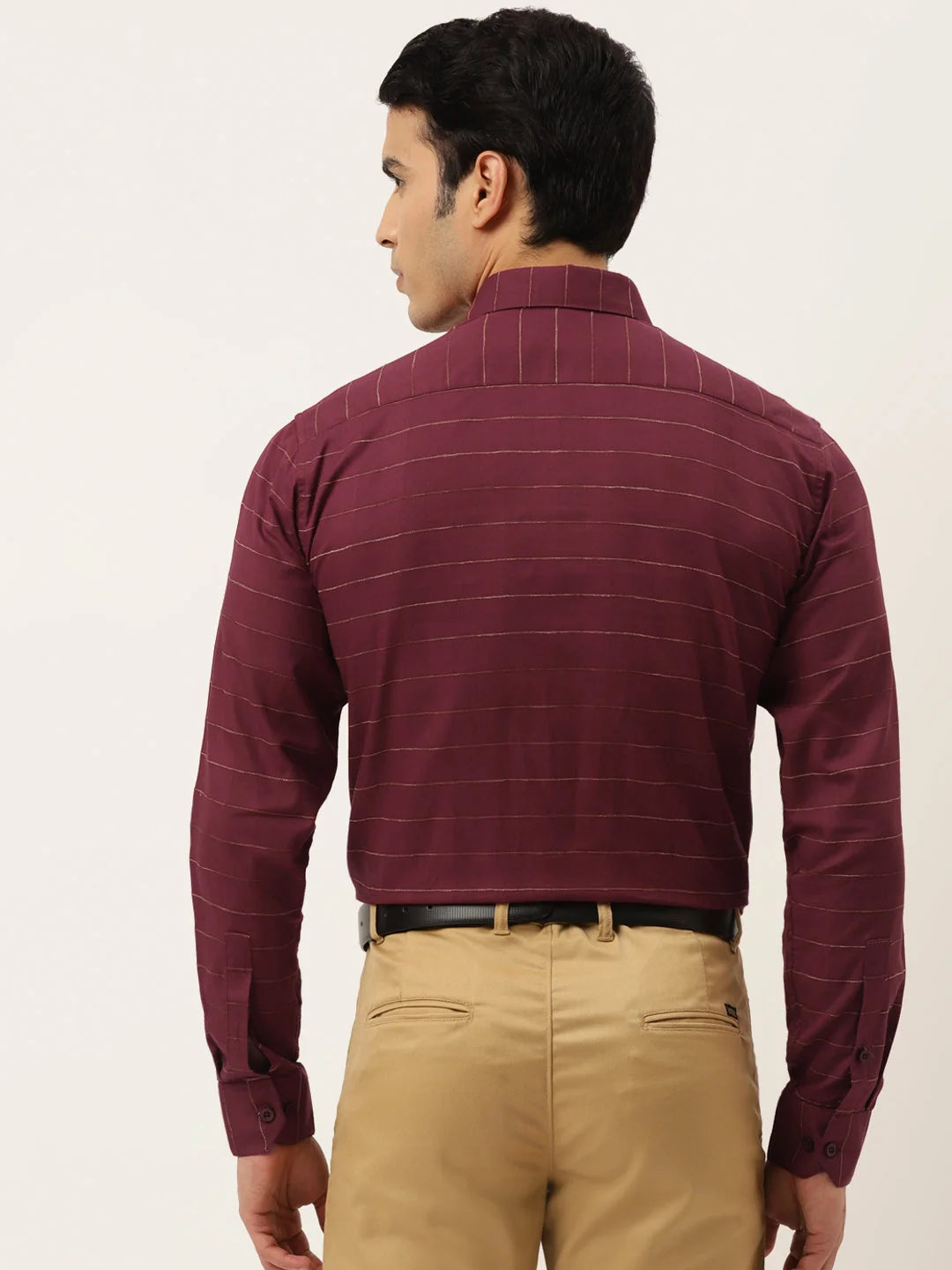 Maroon Cotton Formal Shirt - Horizontal Striped Mens Shirt