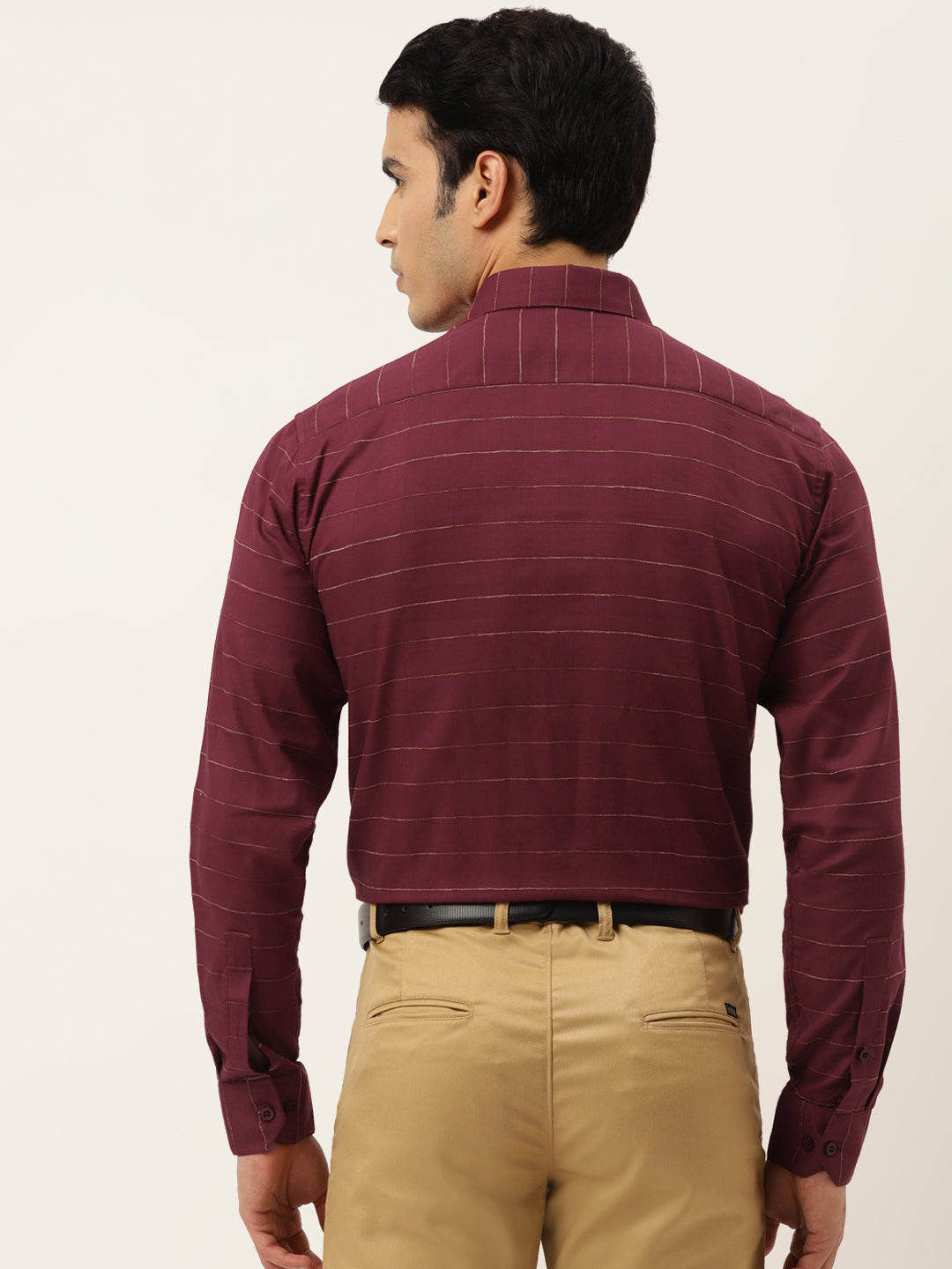 Maroon Cotton Formal Shirt - Horizontal Striped Mens Shirt