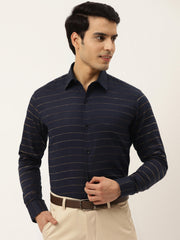 Indian Needle Men's Formal Cotton Horizontal Striped Shirt-SF-790Navy