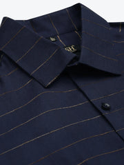 Indian Needle Men's Formal Cotton Horizontal Striped Shirt-SF-790Navy