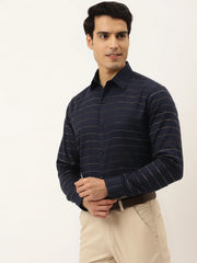 Indian Needle Men's Formal Cotton Horizontal Striped Shirt-SF-790Navy