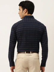 Indian Needle Men's Formal Cotton Horizontal Striped Shirt-SF-790Navy