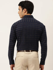 Indian Needle Men's Formal Cotton Horizontal Striped Shirt-SF-790Navy