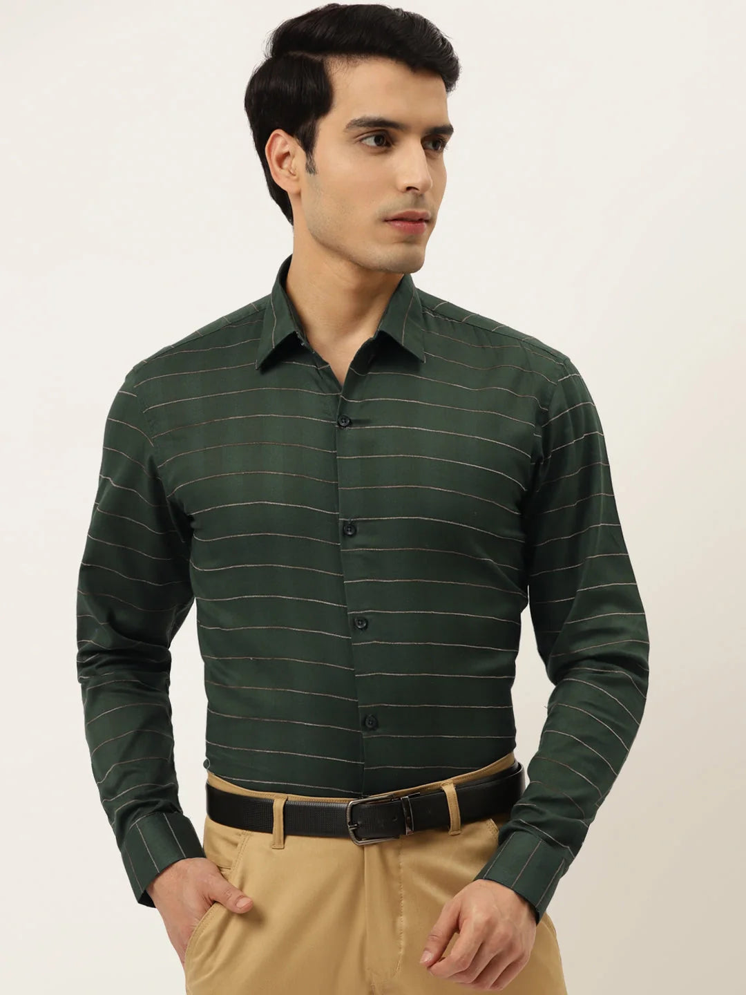 Olive Cotton Formal Shirts | Striped Mens Shirt
