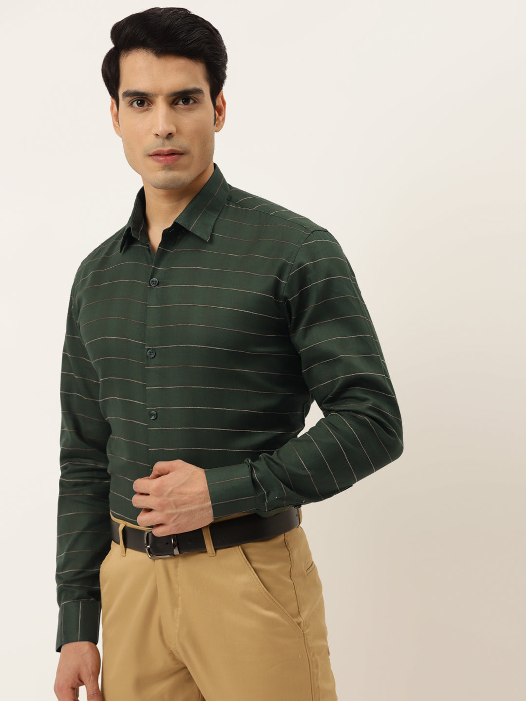 Olive Cotton Formal Shirts | Striped Mens Shirt