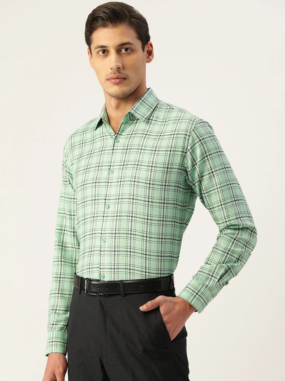 Mens Shirt - Green Cotton Formal Shirt | Indian Needle