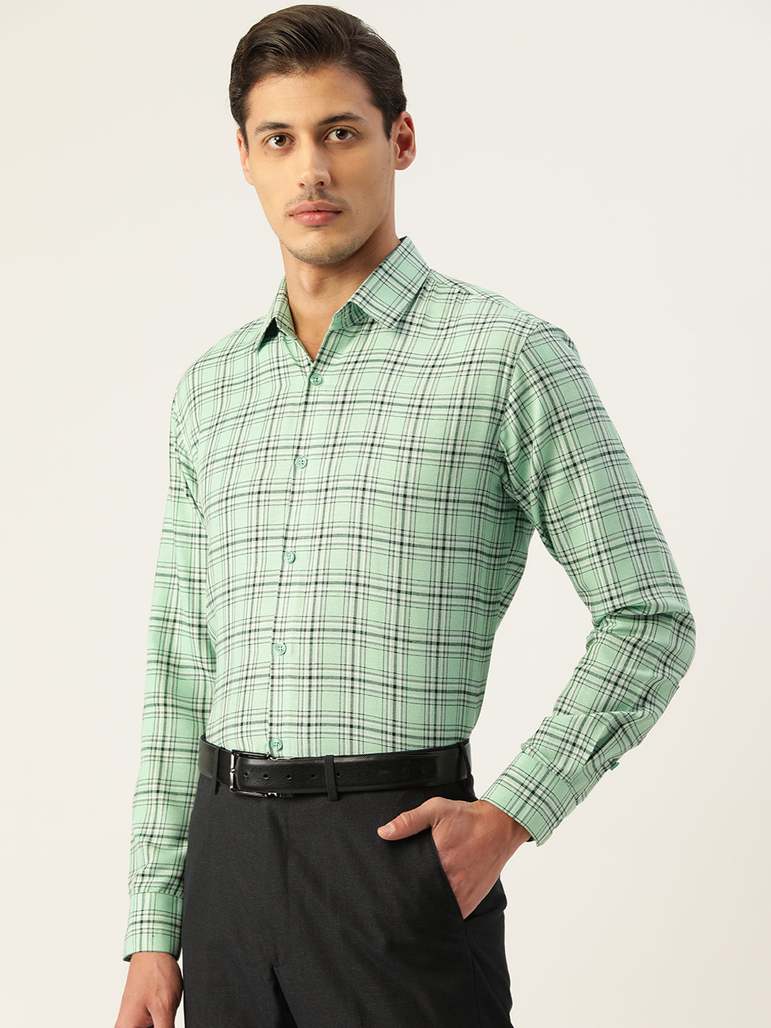 Mens Shirt - Green Cotton Formal Shirt | Indian Needle
