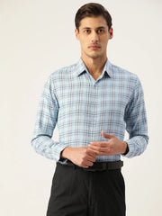 Indian Needle Men's Cotton Checked Formal Shirts-SF-791Sky