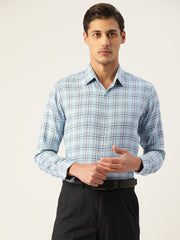 Indian Needle Men's Cotton Checked Formal Shirts-SF-791Sky