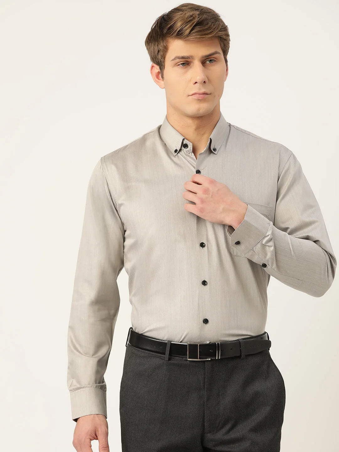 Mens Steel Grey Cotton Formal Shirts | Indian Needle