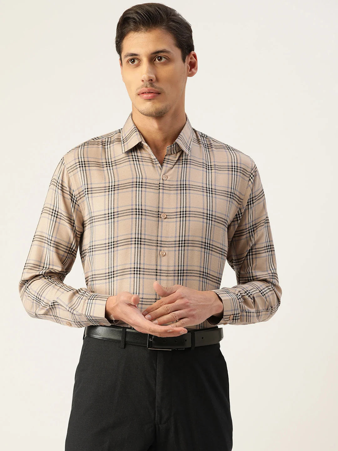 Brown Checked Cotton Mens Formal Shirts | Indian Needle
