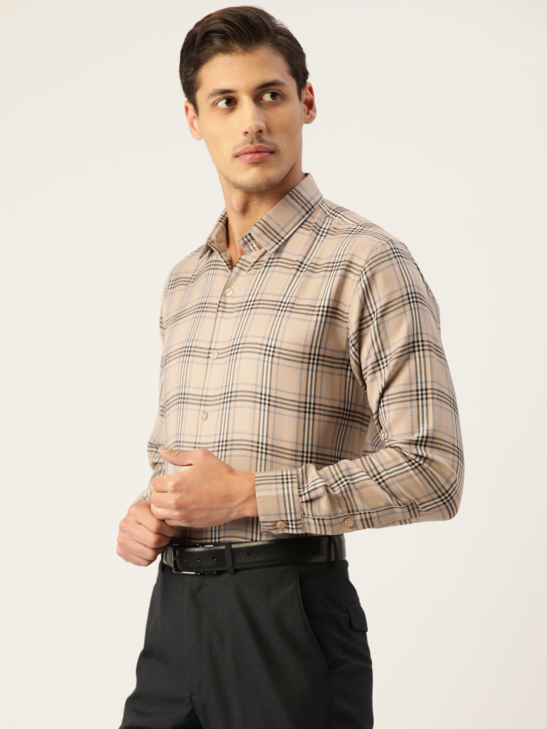 Brown Checked Cotton Mens Formal Shirts | Indian Needle