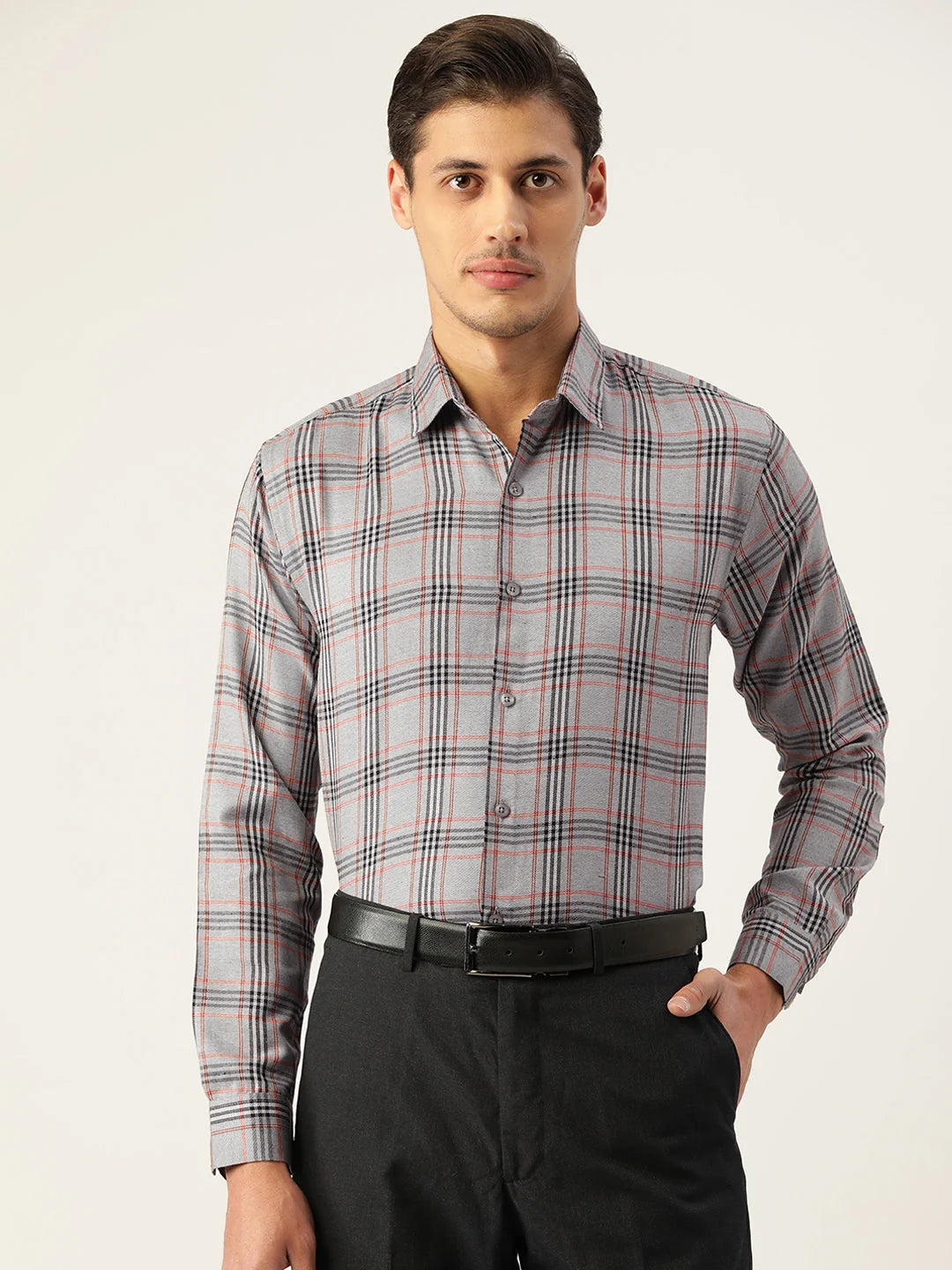 Indian Needle Men's Cotton Checked Formal Shirts-SF-793Grey