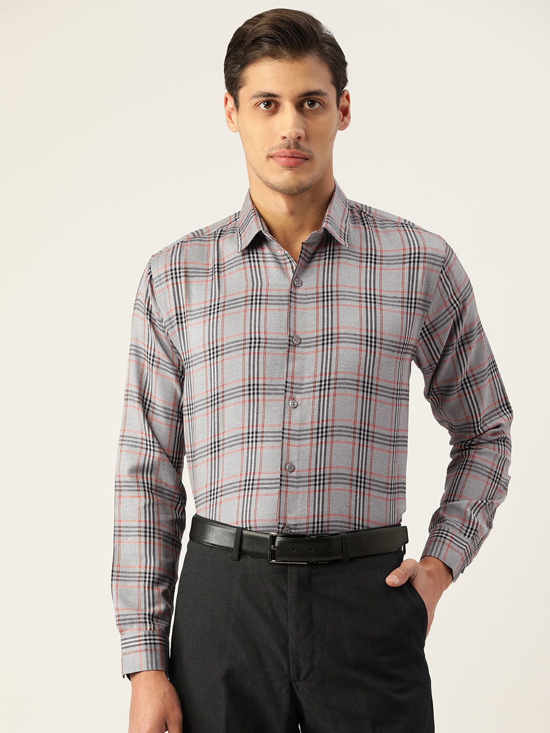 Mens Grey Checked Cotton Formal Shirts | Indian Needle