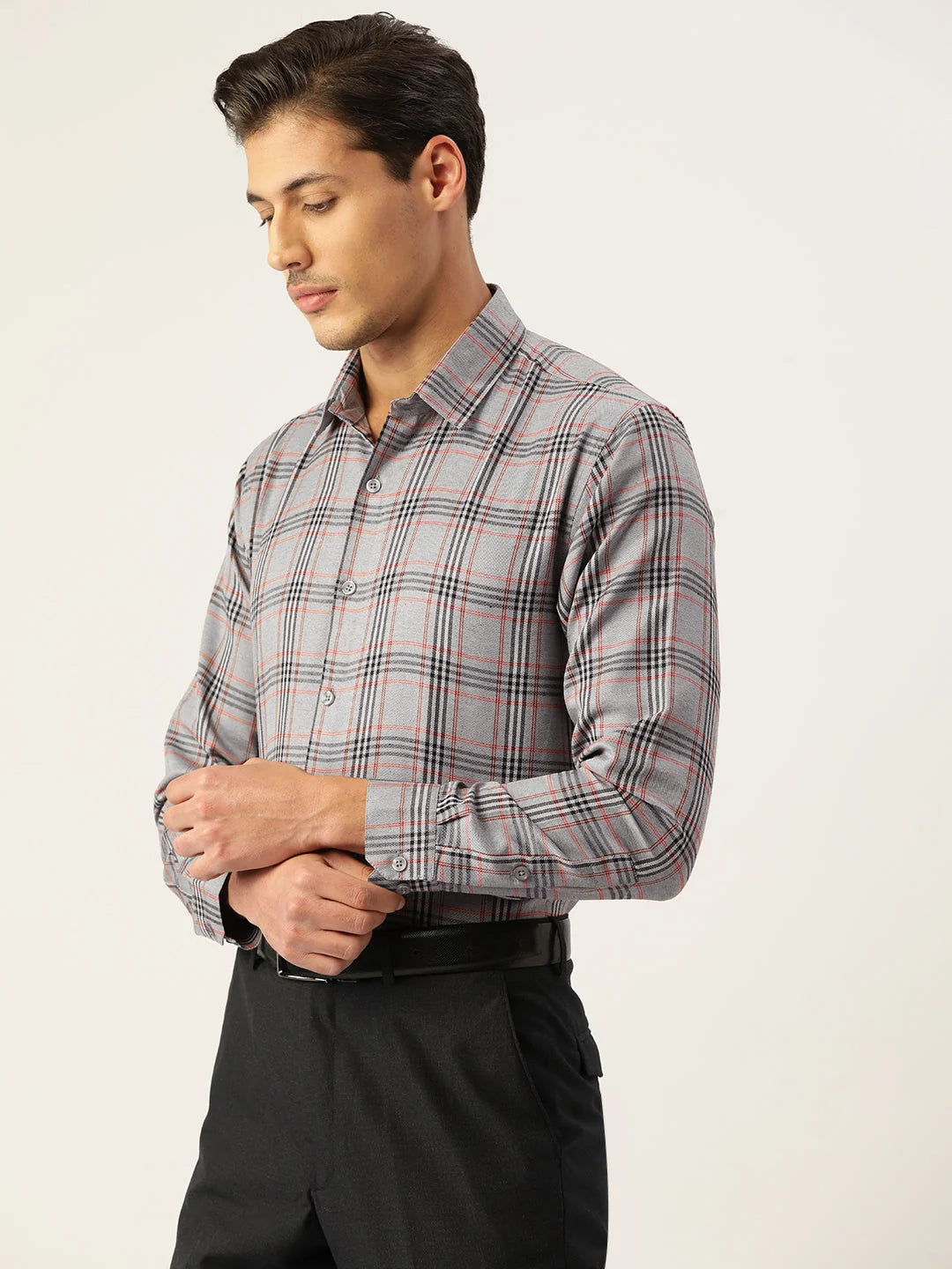 Mens Grey Checked Cotton Formal Shirts | Indian Needle