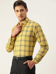 Indian Needle Men's Cotton Checked Formal Shirts-SF-793Yellow