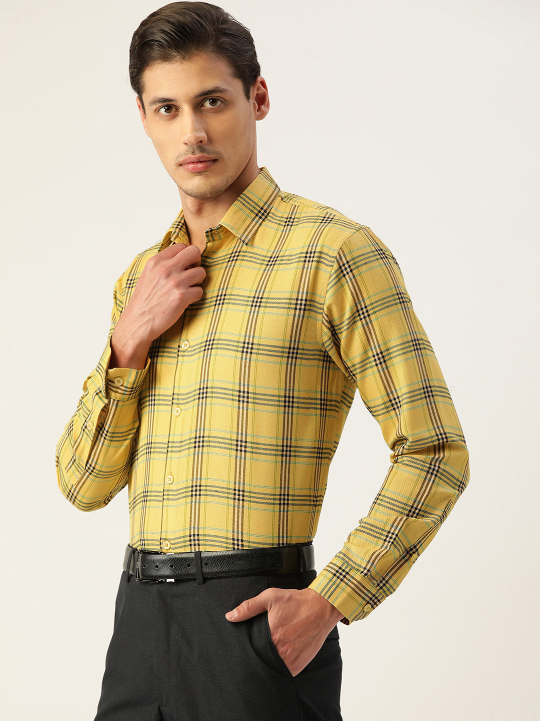 Yellow Checked Cotton Mens Shirt | Formal Shirts