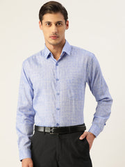 Indian Needle Men's Linen Cotton Polka Dots Formal Shirts-SF-794Blue