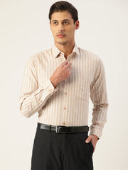 Indian Needle Men's Cotton Striped Formal Shirts-SF-795Beige