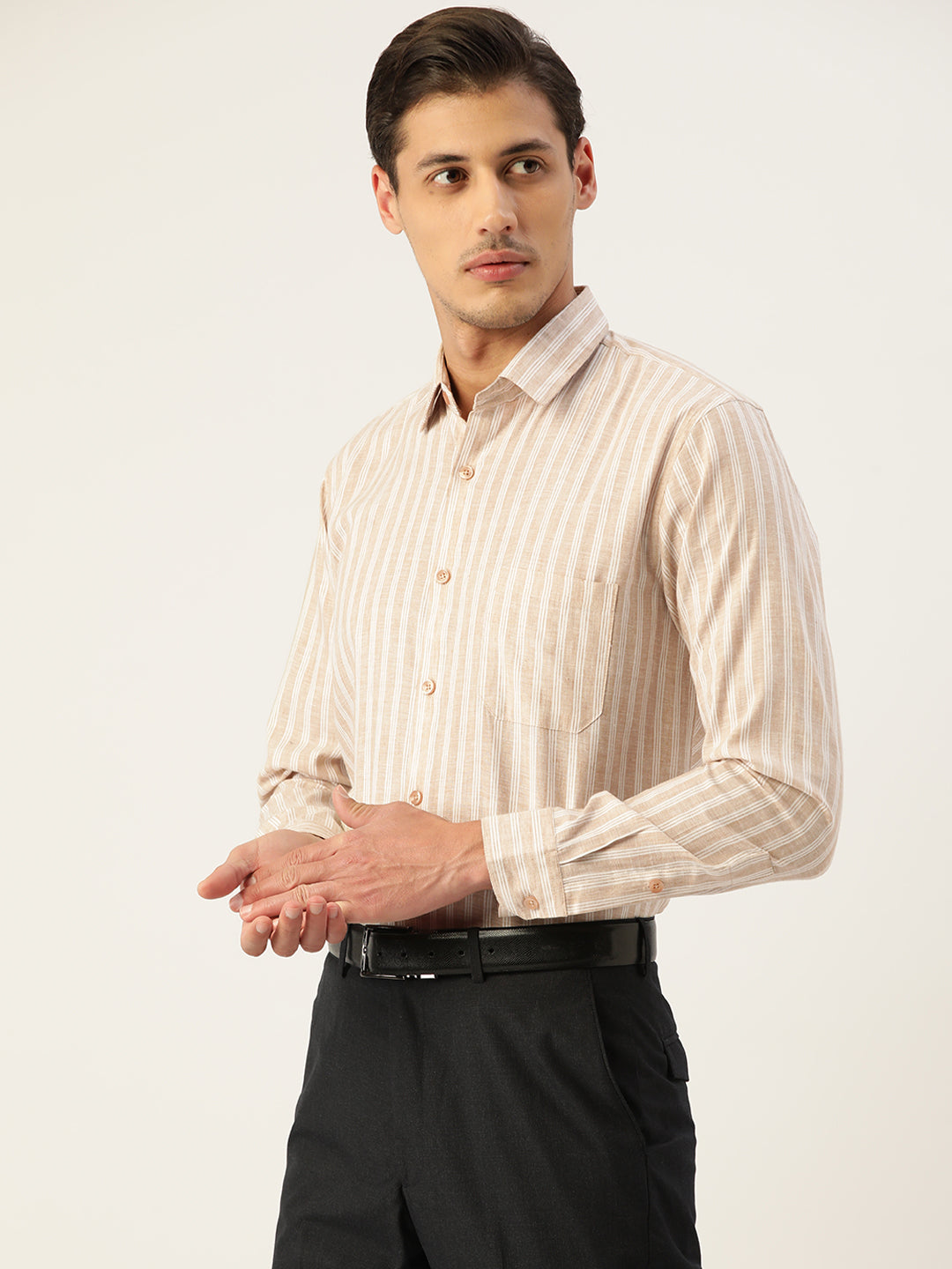 Beige Striped Cotton Mens Shirt | Formal Shirts