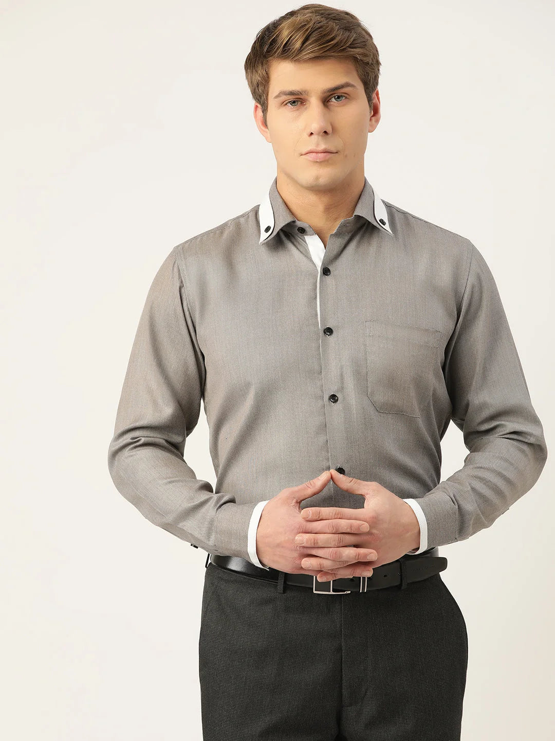 Indian Needle Charcoal Cotton Solid Formal Mens Shirt