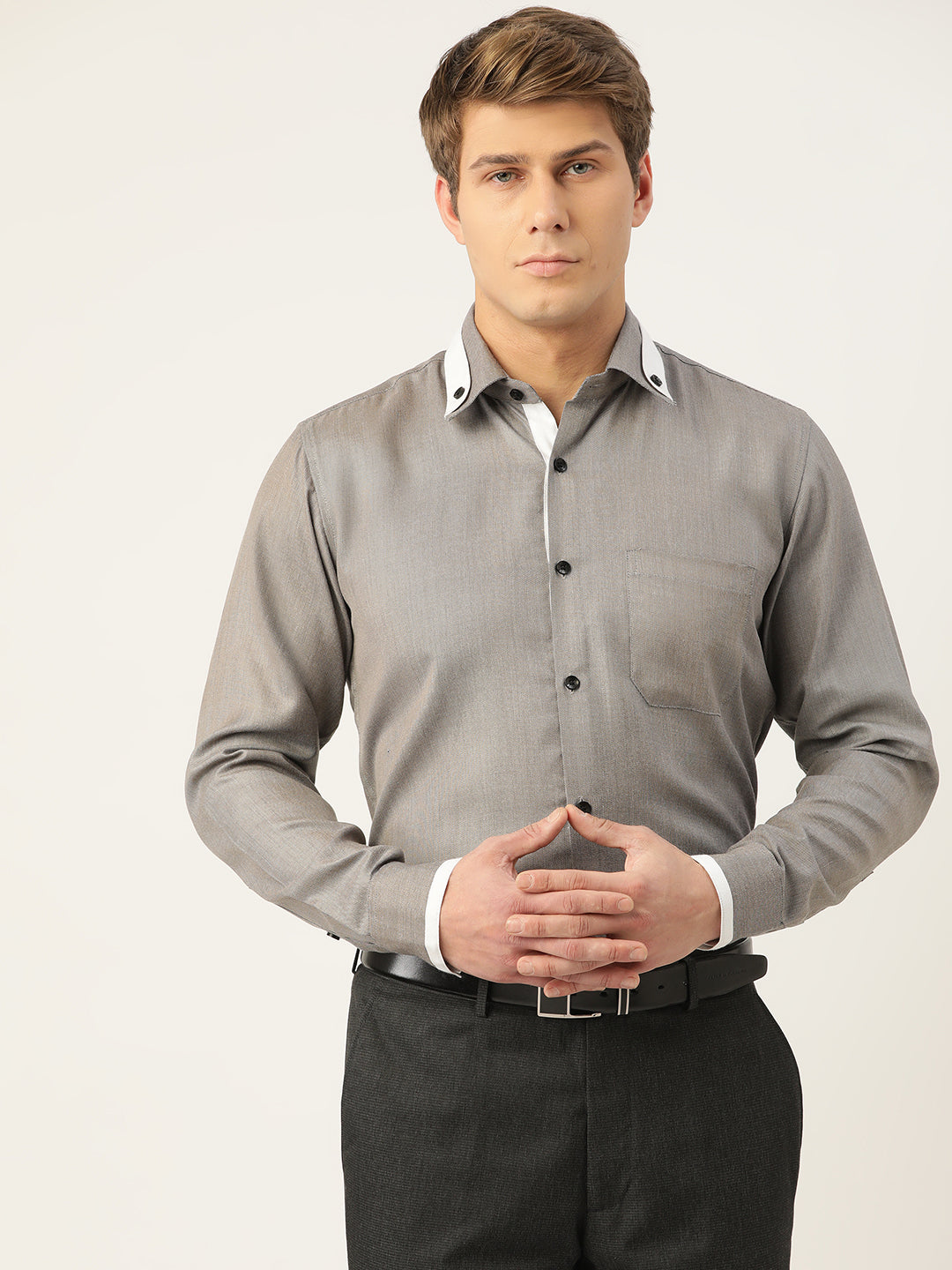 Indian Needle Charcoal Cotton Solid Formal Mens Shirt