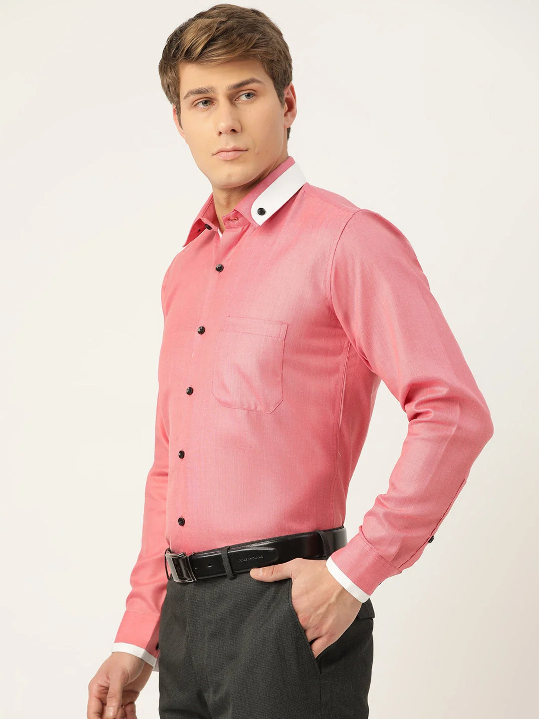 Indian Needle Red Cotton Solid Formal Mens Shirt